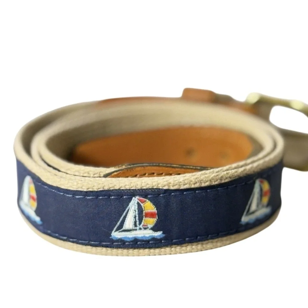 Vintage ZEP-PRO Sailboats Cream Cotton‎ Brown Leather Brass Buckle Belt 38 USA